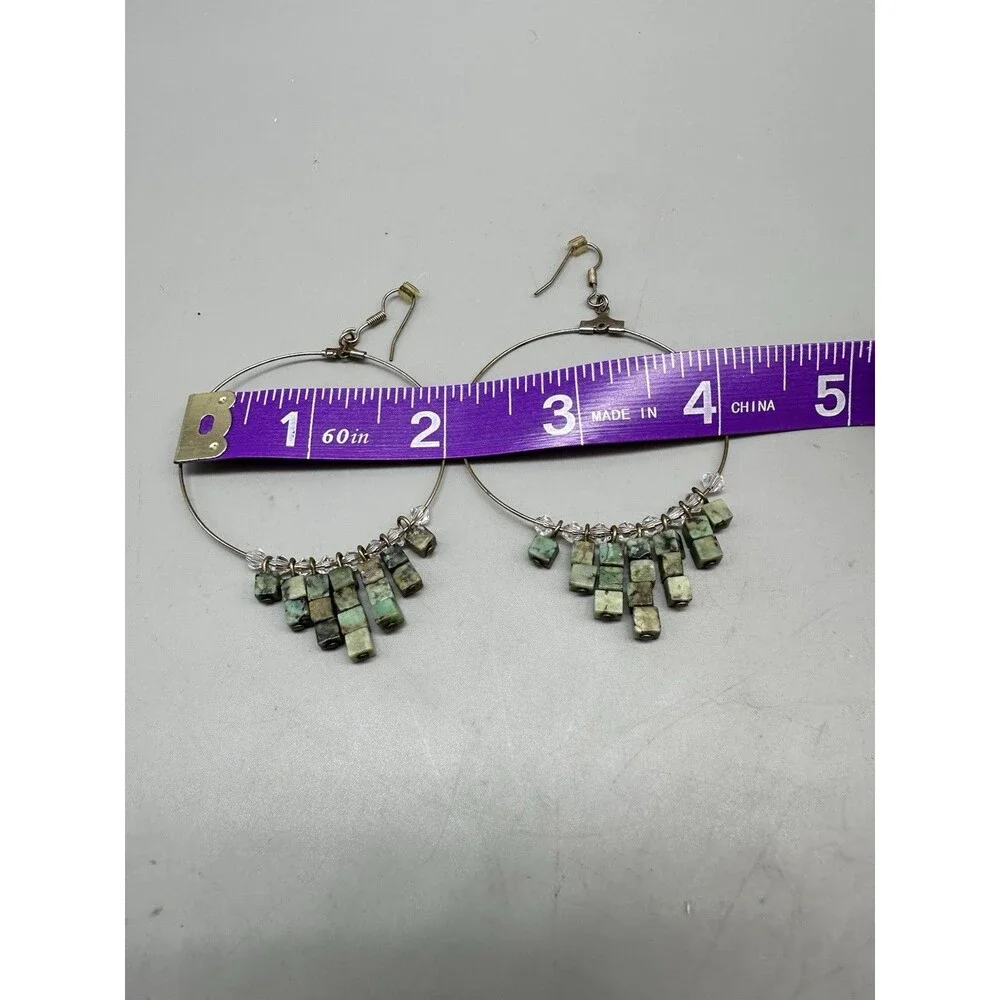 Unique Vintage Square Cube Bead Turquoise ? Stone Large Wire Hoop Earrings 2”